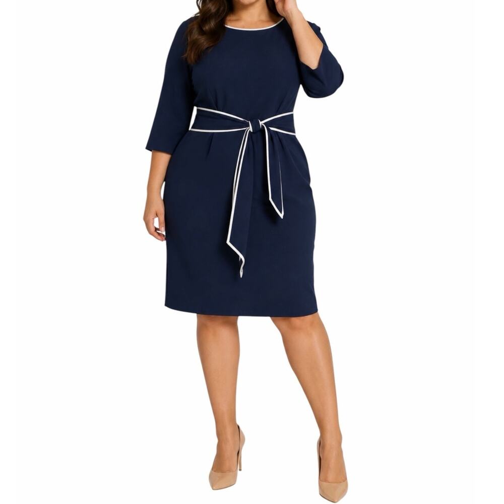 Adrianna Papell Belted Sheath Dress Size 16W Navy Blue White Trim Stretch Midi